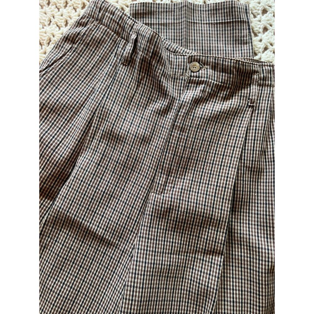 Vintage 90s Plaid Pants Brown Pleated Cotton Relaxed Straight Leg Size Large - Picture 2 of 5